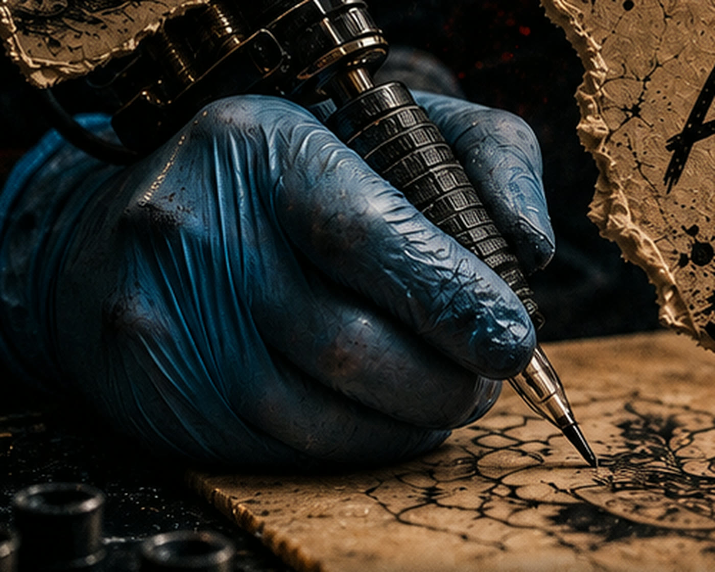A gloved hand drawing a mandala design with a tattoo machine