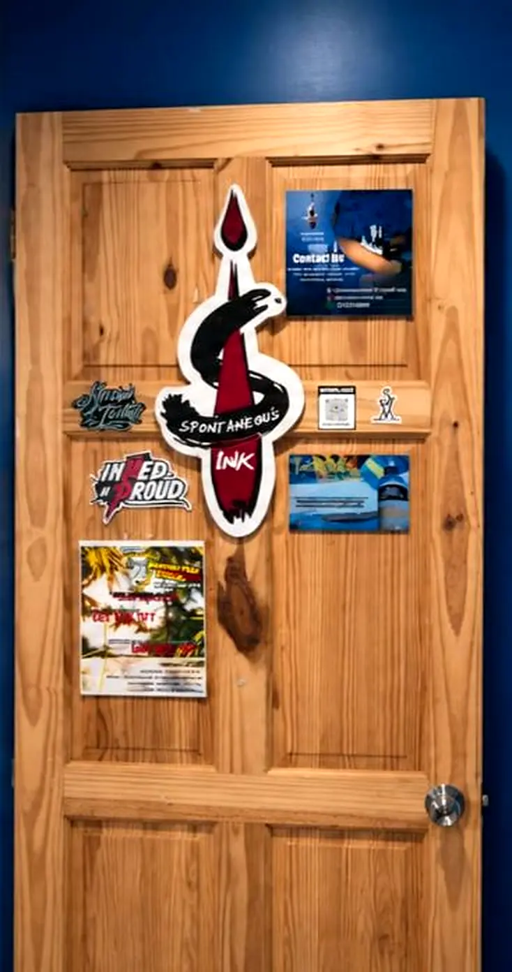 The blue studio door, marked with the Spontaneous Ink logo and flyers