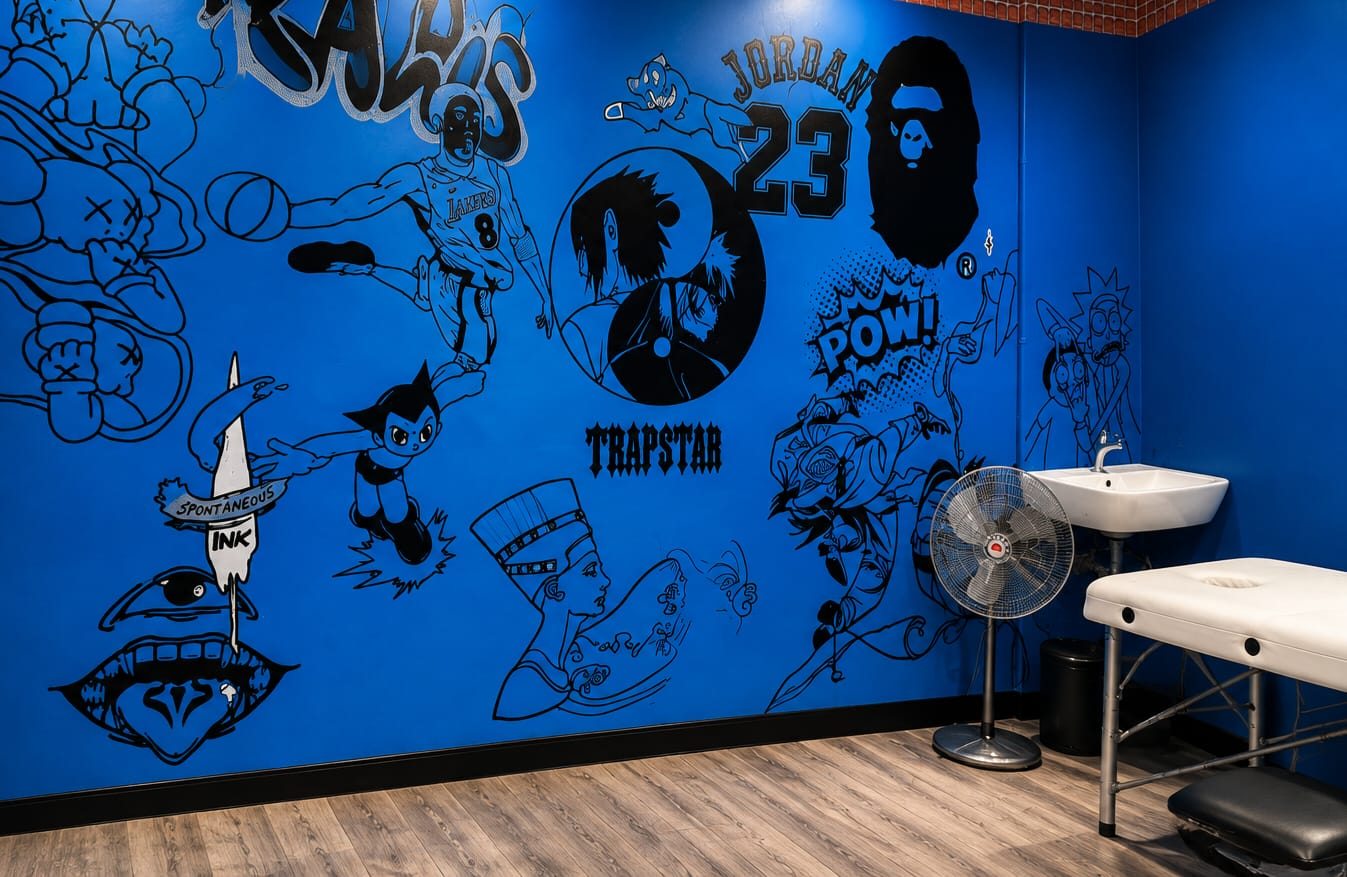 The studio's electric-blue wall covered in hand-painted black graffiti murals, beside the tattoo bed