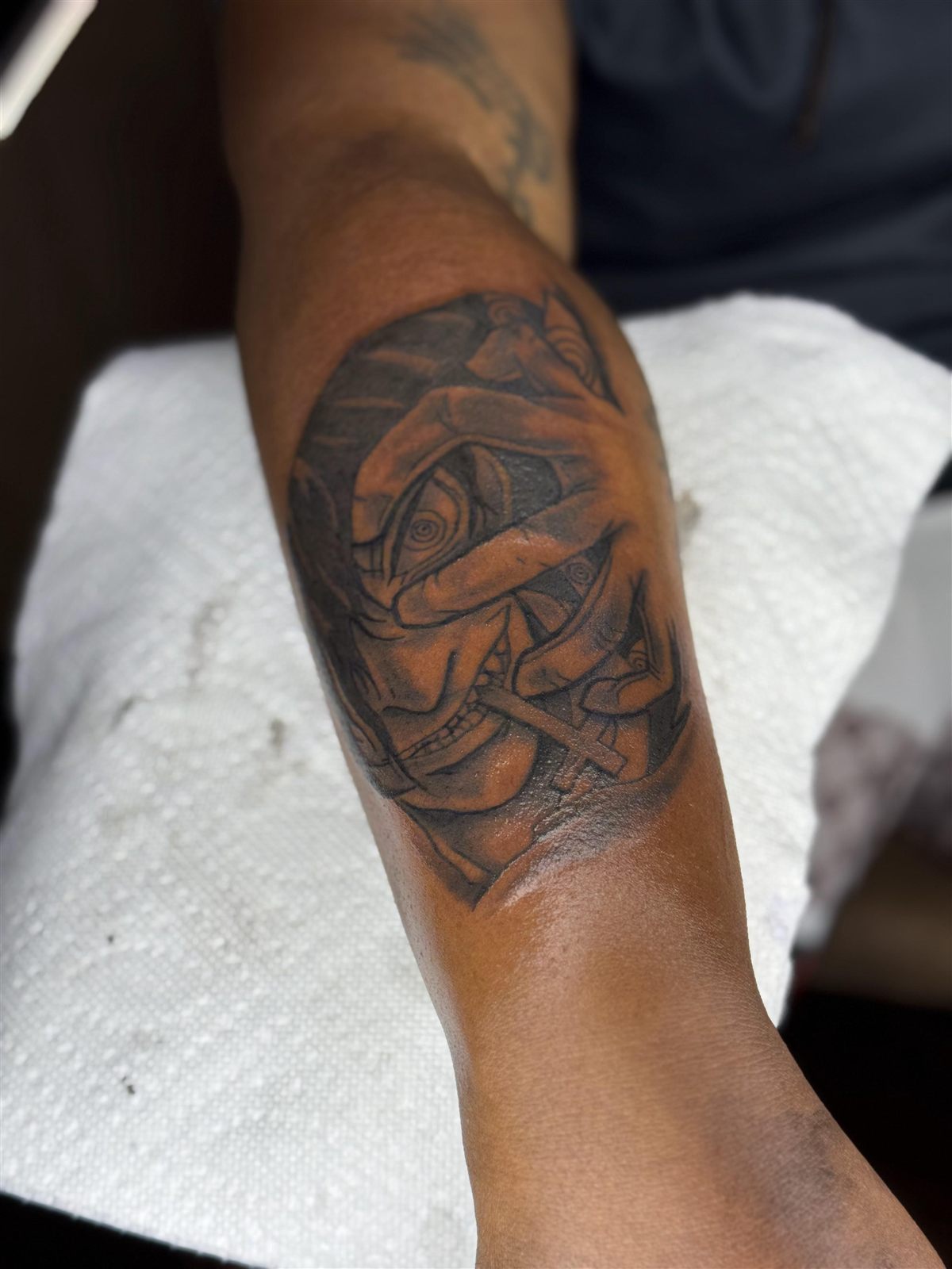 Skull, rose and cross composition, black and grey, forearm