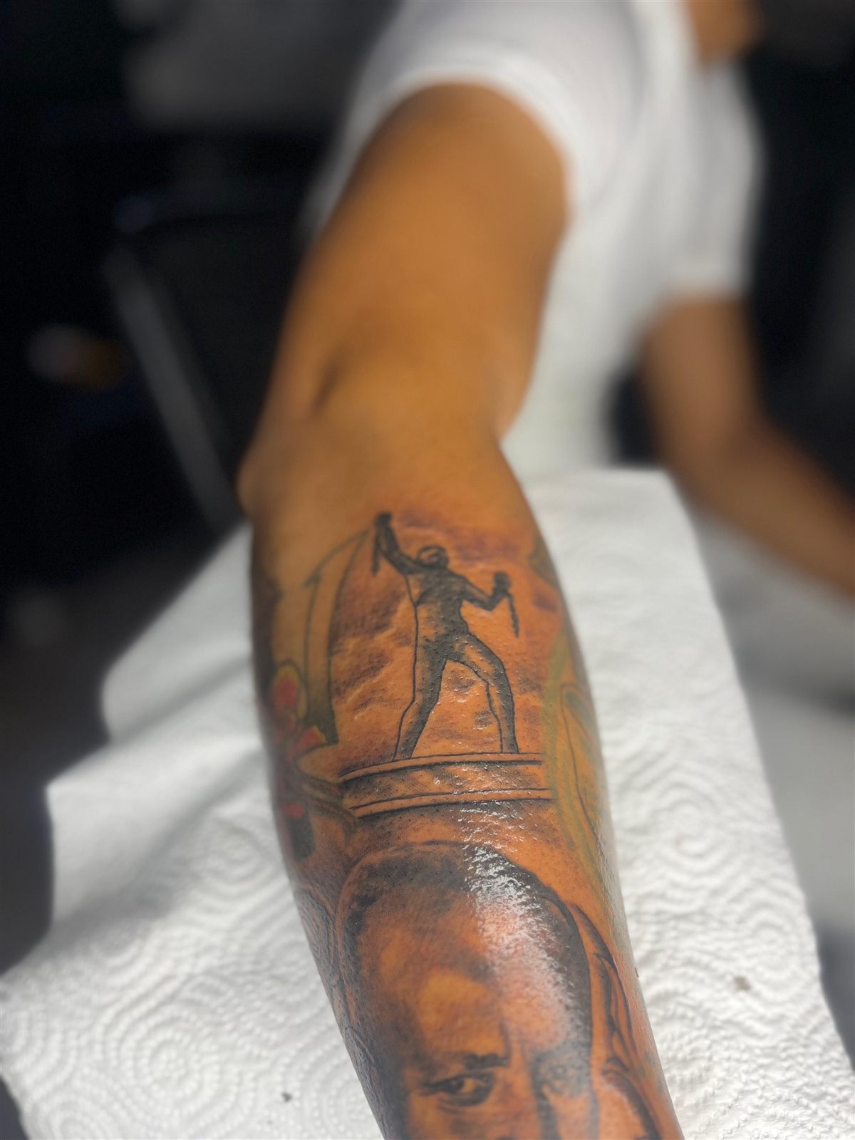 Sleeve with a statue figure and portrait, black and grey