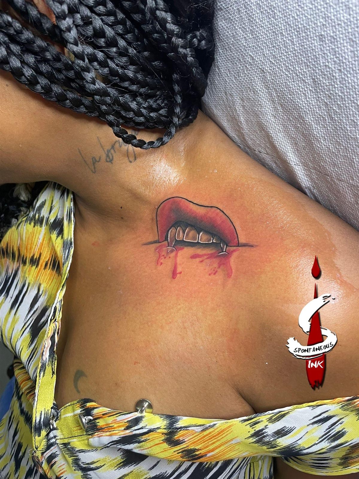 Fanged lips with dripping detail, colour, chest