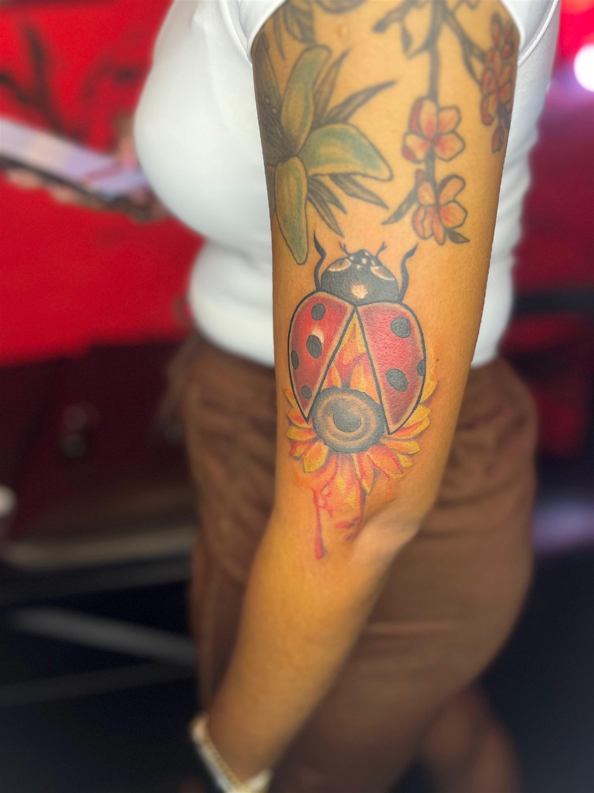 Ladybug on a sunflower, colour, forearm